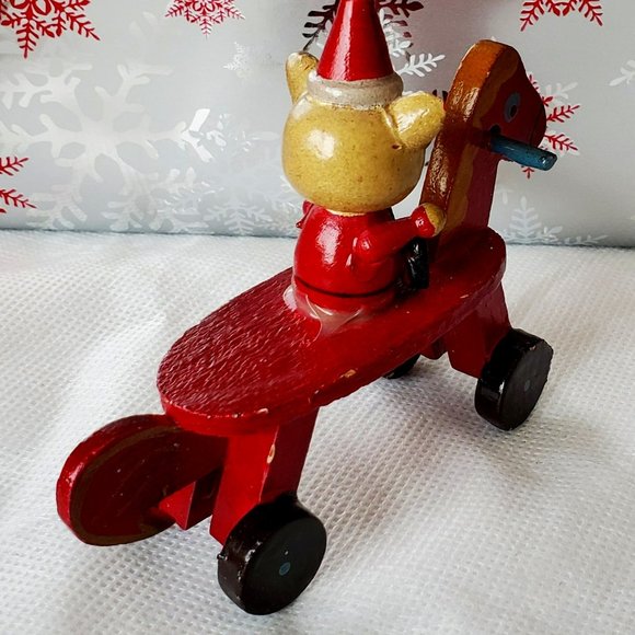 Vintage Wooden Bear Riding a Red Wooden Rolling Horse Toy Christmas Ornament - Picture 6 of 12